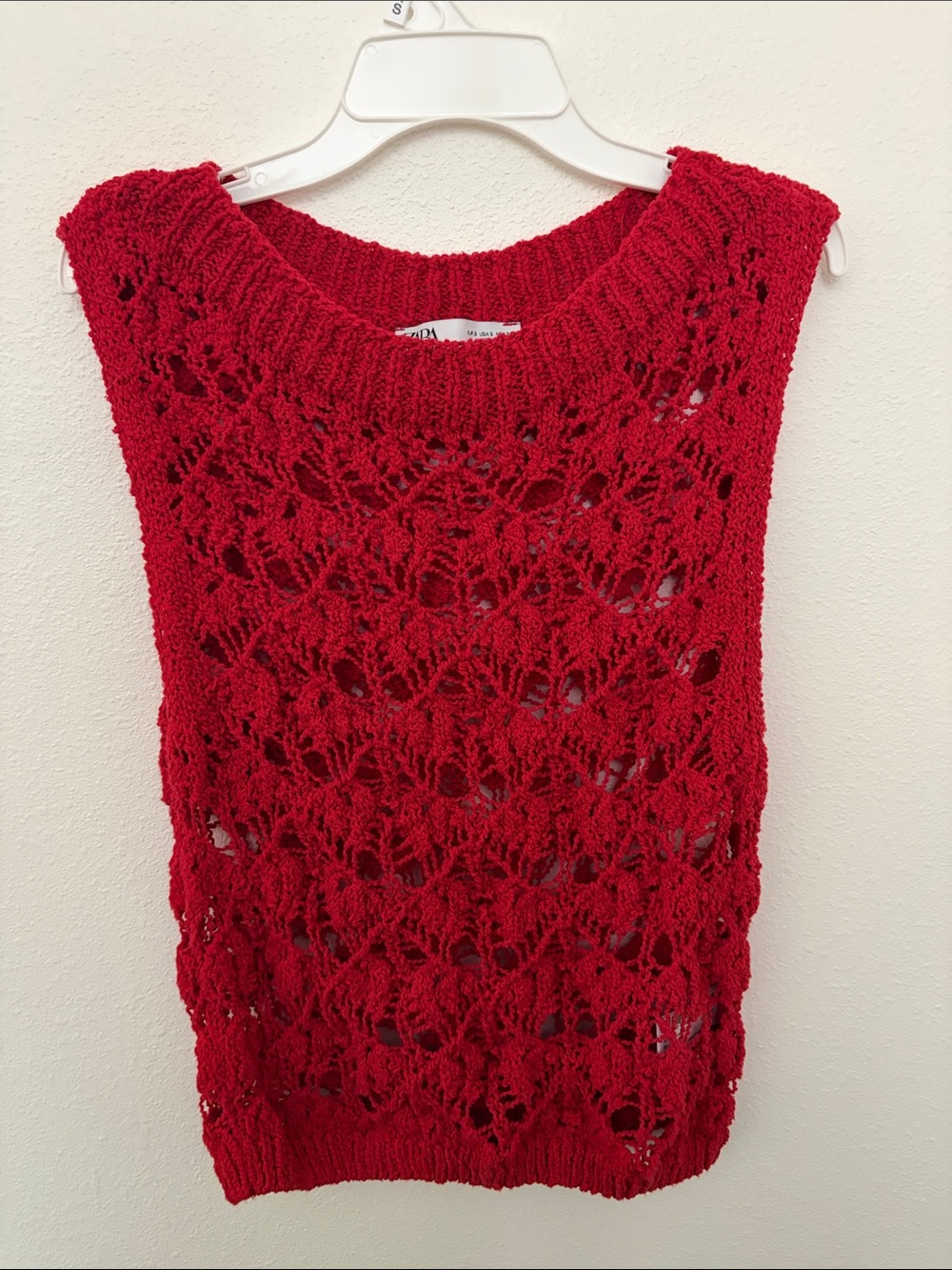 Zara Bright Red Open Crochet Sleeveless Top
